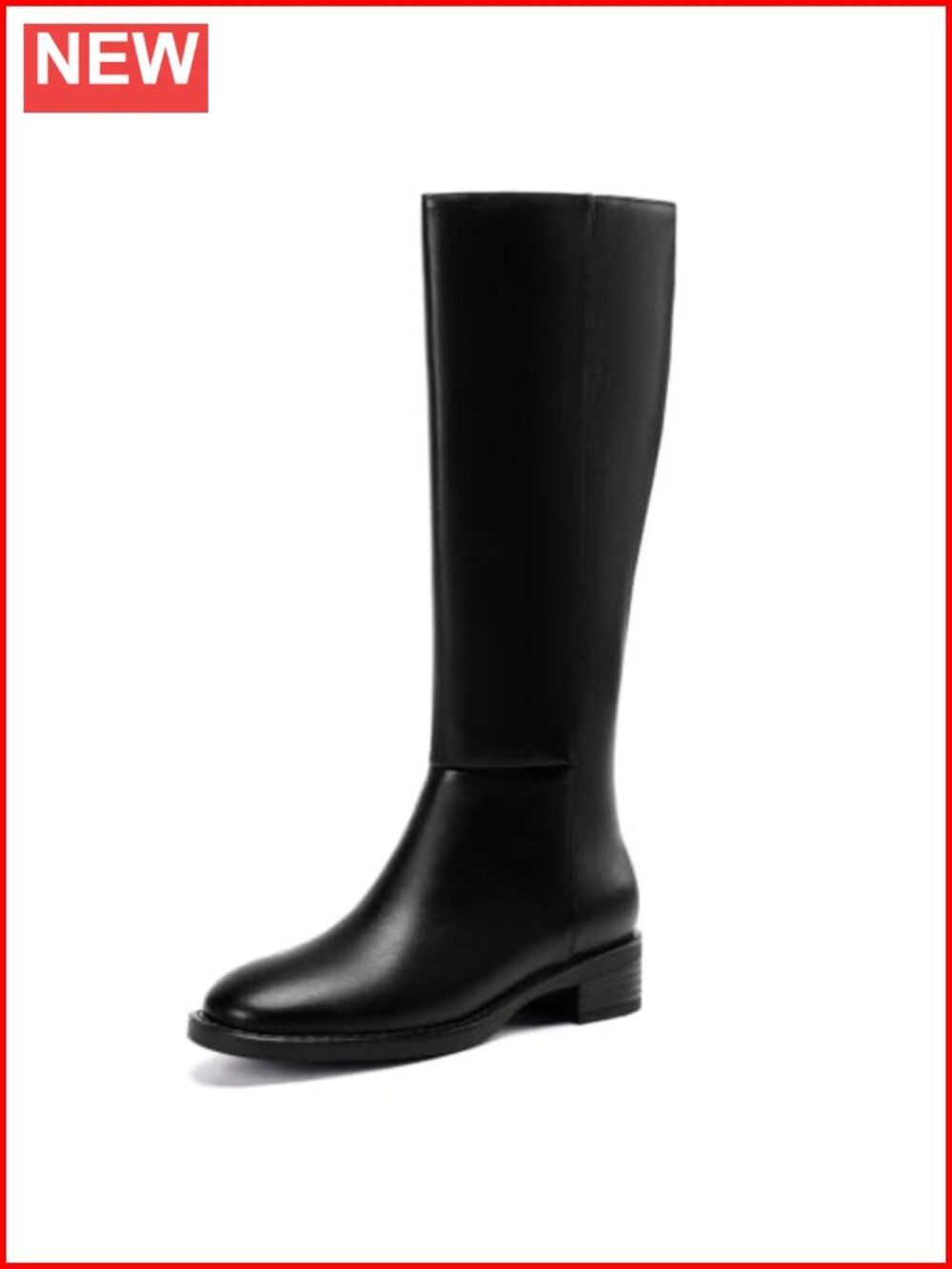 Wide Calf Knee High Boots Faux Leather Round Toe Block Heel Zip